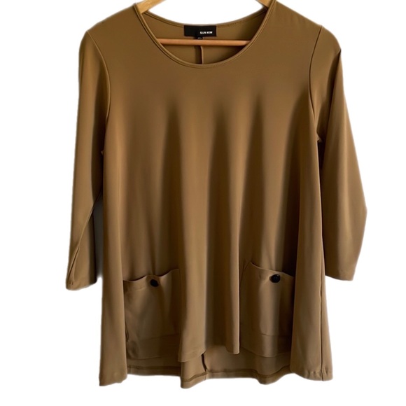 Sun Kim Neutral Taupe Stretchy Slinky Jersey Knit 3/4 Sleeve Swing Tunic - Picture 2 of 13